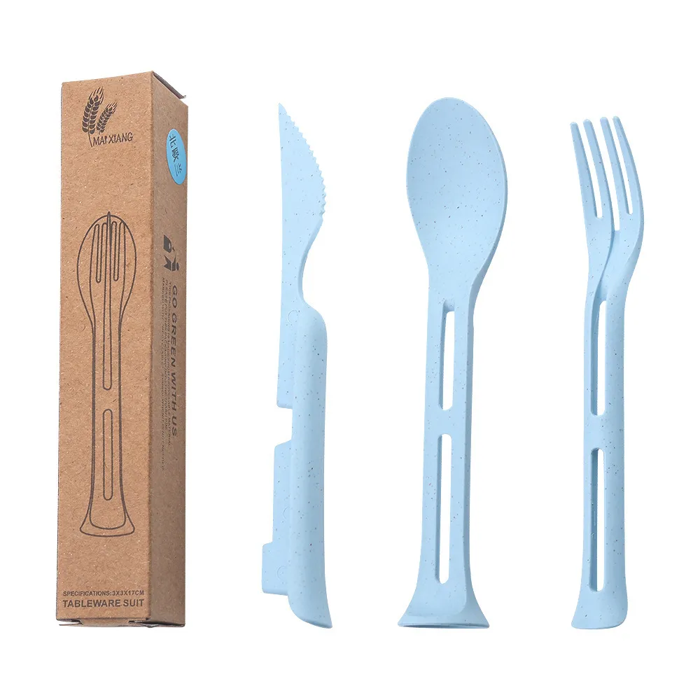 Wheat Straw Nordic Style 3-in-1 Portable Kids Cutlery Set – Eco-Friendly Travel Spoon Fork Knife Set for Children, Scandinavian Design Reusable Utensils